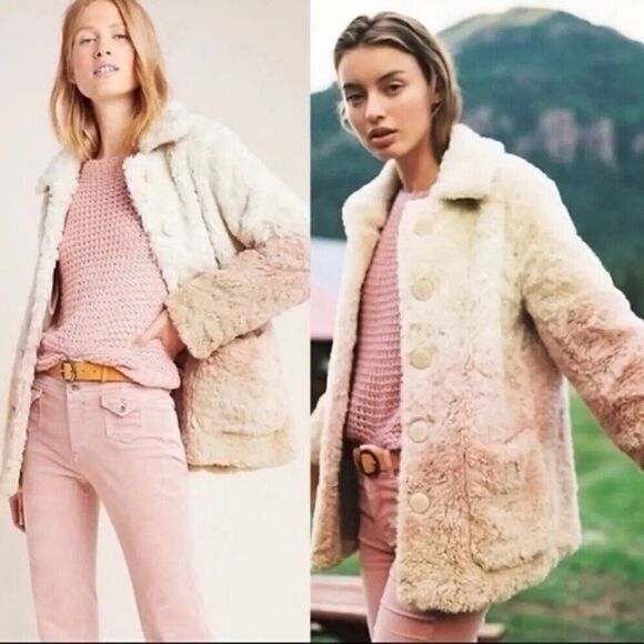 Anthropologie Jackets & Blazers - Anthropologie Womens Ivory Button Front Ombre Plush Faux Fur Coat Size M
